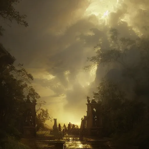 Prompt: the gates of heaven, volumetric lighting, 8 k octane beautifully detailed render, post - processing, extremely hyper detailed, intricate, epic composition, cinematic lighting, masterpiece, trending on artstation, masterpiece, stunning art by anders zorn, wonderful masterpiece by greg rutkowski,