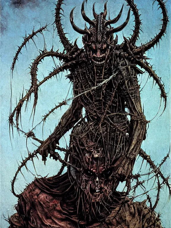 Image similar to A creepy armored horned fanged demon woman with blue scarred skin wrapped in barbed wire. Extremely high detail, realistic, fantasy art, solo, bones, masterpiece, saturated colors, art by Zdzisław Beksiński, Arthur Rackham, Dariusz Zawadzki