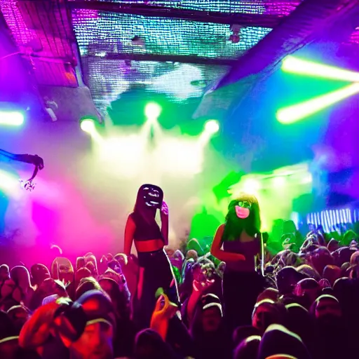 Image similar to scandy and arender playing a live gig at night time with masks on, beautiful girls, colored lights, stroboscope, huge led visuals, rave lights, heavy fog machine, no faces visible, outdoor rave, techno, huge crowd on drugs, ecstatic crowd, photorealistic photography