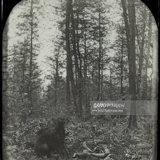 Prompt: ghastly creature in the woods, 1900s picture