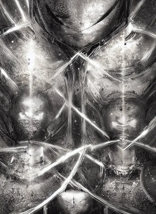 Image similar to symmetrical astronauts in dark and empty void underwater - complex and hyperdetailed technical suit. reflection and dispersion materials. rays and dispersion of light. volumetric light. 5 0 mm, f / 3 2. noise film photo. flash photography. ultra realistic, wide angle. poster by wayne barlowe, hajime sorayama aaron horkey, craig mullins