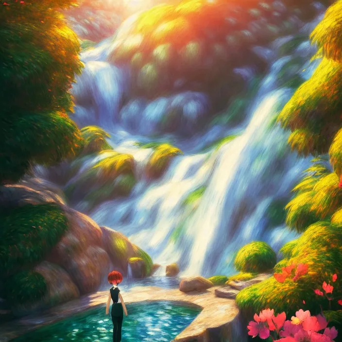 Image similar to an epic makoto shinkai and renoir landscape of a twin waterfall, 🌺, golden hour, ultra smooth, lois van baarle, ilya kuvshinov, unreal engine, blender, trending on artstation, suntur, caleb worcester, highly detailed, photorealism, bloom effect 8 k