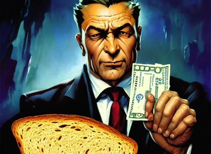 Image similar to magic : the gathering fantasy character concept art of the great businessman by frank frazetta, high resolution. a clear portrait of powerful, business man wearing a business suit, holding a wad of money made out of bread, bread bucks, bread shaped like dollar bills, magical bread and toast money swirling around, fantasy coloring, intricate, digital painting, artstation, smooth, sharp focus