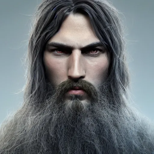Image similar to a highly detailed portrait of a man with purple eyes, light gray long hair, beardless, without a beard, wearing a black cloak, artstation, DeviantArt, professional, octane render