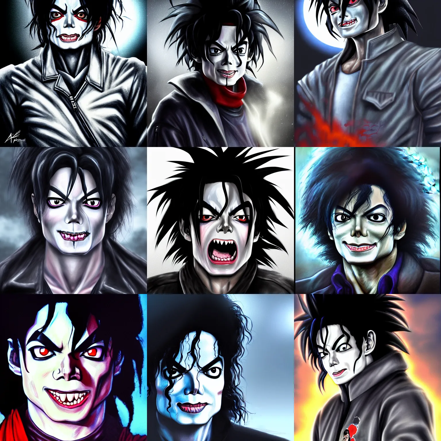 Prompt: michael jackson!!!! realistic dramatic !big face realistic close up concept art of michael jackson gray zombie jacket as a dragon ball Z character,dark eye sockets, graveyard landscape at night , 4k anime character illustration by akira toriyama, artstation