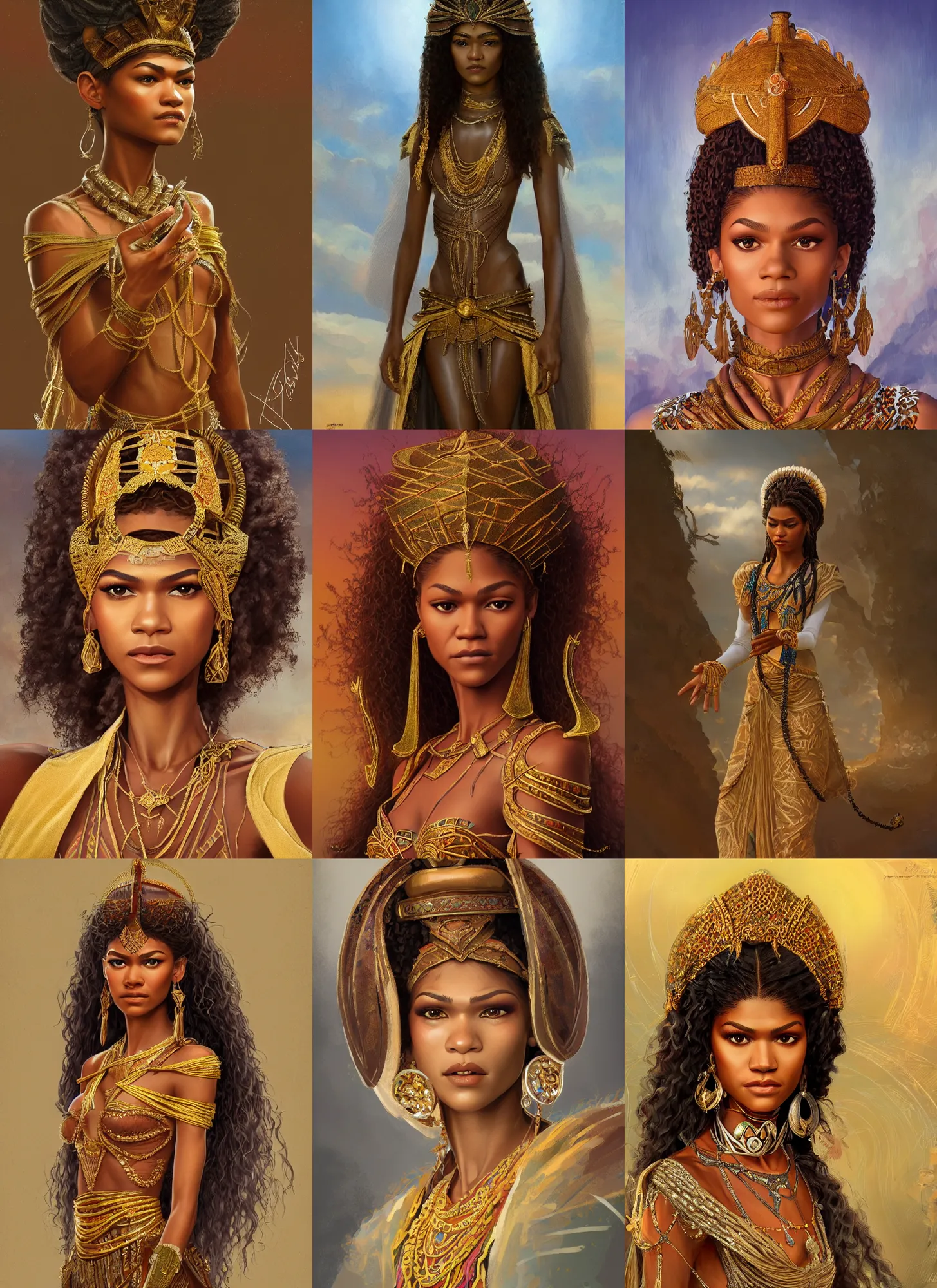 Prompt: zendaya as ethiopian princess, intricate, elegant, highly detailed, digital painting, artstation, concept art, sharp focus, illustration rutkowski orientalism