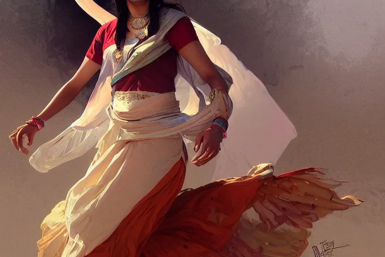 Image similar to Beautiful pale young Indian doctor wearing a skirt dancing in Texas, portrait, elegant, intricate, digital painting, artstation, concept art, smooth, sharp focus, illustration, art by artgerm and greg rutkowski and alphonse mucha