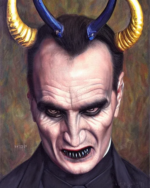 Image similar to photorealist portrait painting of demonic aloysius stepinac with demonic eyes and horns, gothic, horror, cool colors, high production value, intricate details, high resolution, hyperrealistic, hdr, high definition, masterpiece, ultra realistic, highly detailed, hd, sharp focus, non blurry, sharp, smooth