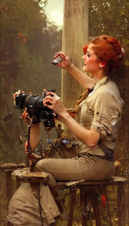 Image similar to hyper realistic photographer looking through camera, magical, painted by james gurney, norman rockwell, tom bagshaw, mucha, gaston bussiere, craig mullins, j. c. leyendecker 8 k