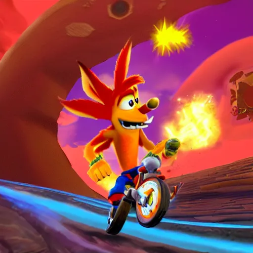 Image similar to crash bandicoot riding a pegasus through a ring of fire