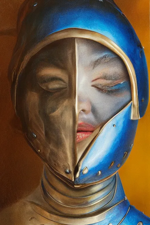 Image similar to hyperrealism oil painting, close - up portrait of face hiding in stingray medieval fashion model, knight, steel gradient mixed with nebula sky, in style of baroque mixed with 7 0 s book art