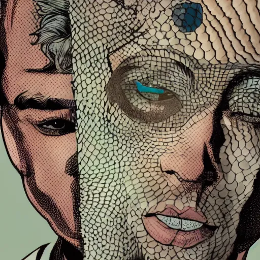 Prompt: man with scales all over his face hyperdetailed realistic comic book illustration