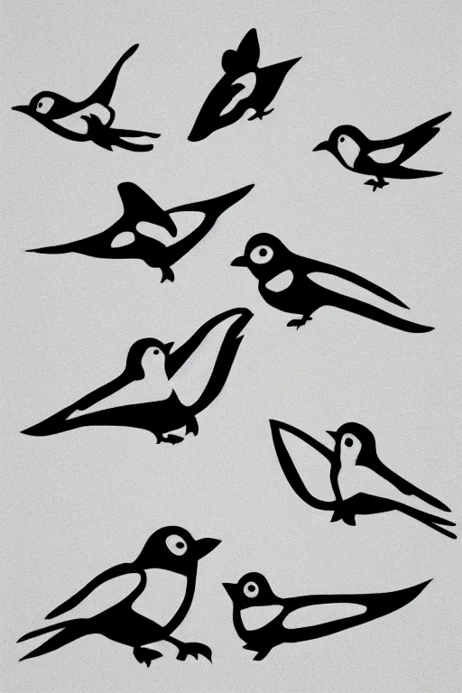 Image similar to a simple tattoo design of minimalist flying birds, black ink, abstract logo, line art