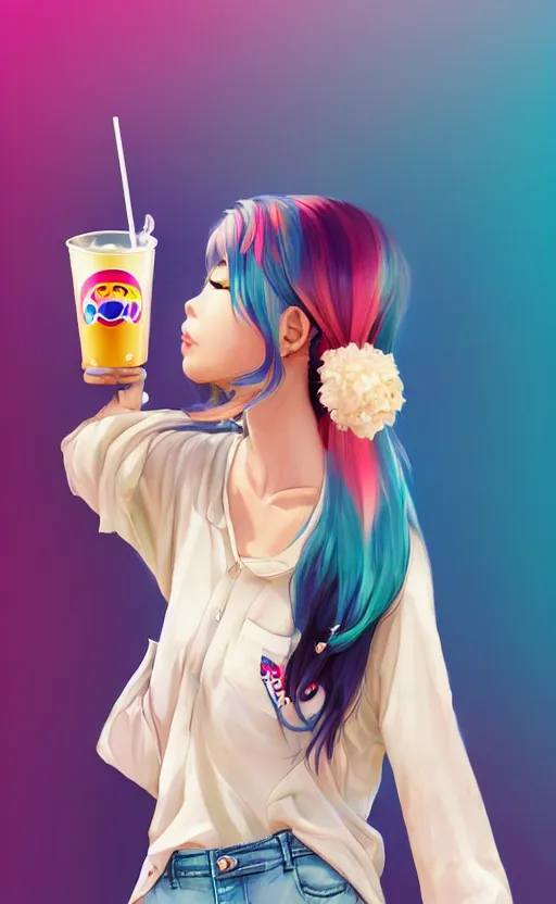 Image similar to a kawaii woman with rainbow hair, happy, summer time, holding boba tea drink, soft eyes and narrow chin, dainty figure, long hair straight down, kawaii shirt and jeans, basic white background, In style of by Jordan Grimmer and greg rutkowski, crisp lines and color