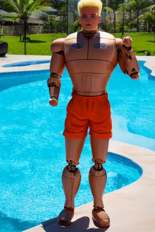 Image similar to a handsome bodybuilder with blonde hair who is also a male android robot, ken doll, muscular, wearing a cut-off white crop top and short light orange shorts stands by a swimming pool, shiny skin, robotic