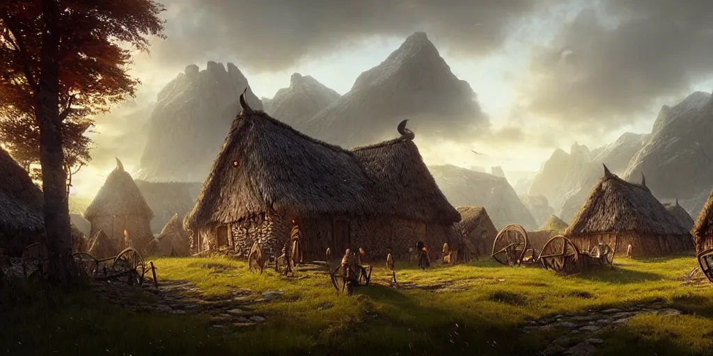 Image similar to beautiful viking village, daytime digital art, landscape, fantasy art, octane render, ureal engine, high detail, very realistic, by greg rutkowski. by james gurney