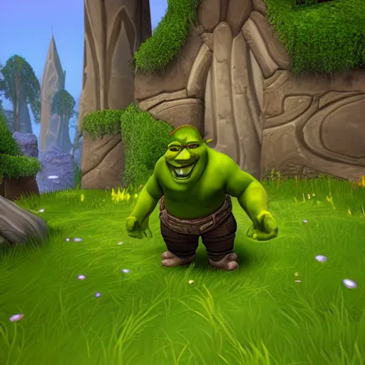 Image similar to shrek in world of warcraft, game graphics, clear, sharp, highly detailed