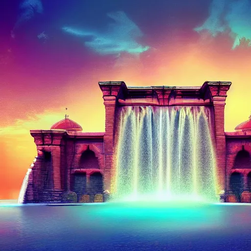 Prompt: ancient ottoman structure and waterfalls, epic retrowave art, trending on art station