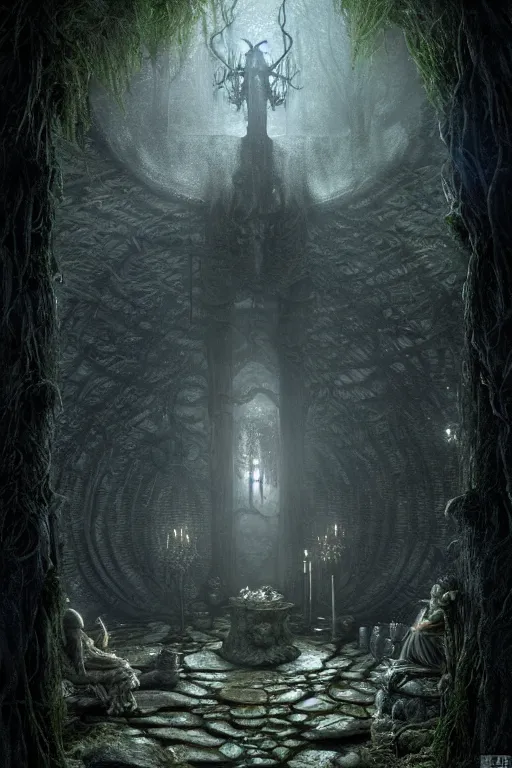 Image similar to draug at the crypt in the forest, intricate, ethereal, by luis royo, hyper detailed, weta digital, ray trace, unreal engine, trending on artist, beautifully lit, cinematic, soft light, photorealistic, volumetric, realistic, glossy, 8 k post - production, masterpiece, luxury, smooth