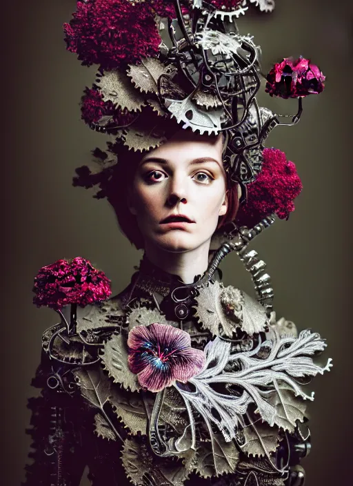 Prompt: kodak portra 4 0 0, masterpiece profile portrait, dutch masters, silver lace floral steampunk biomechanical beautiful young female cyborg, big monocular, volumetric light, leaves foliage and stems, hibiscus flowers, by cecile beaton, matt colours, big gothic fashion pearl embroidered collar, 8 k