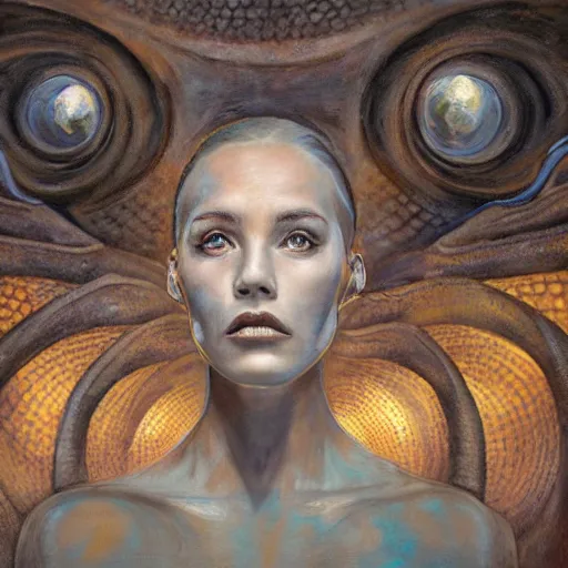 Image similar to detailed face of a woman with opalescent eyes in a biomorphic courtyard with dna sculptures at a science expo, atmospheric, ambient, pj crook, syd mead, livia prima, artgerm, greg rutkowski, nick alm, casey baugh