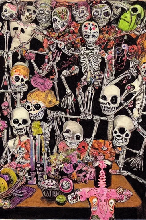Prompt: scene from a ballet party, celebrating day of the dead, cyber skeletons eating their brains out at a long crucifix - shaped table, queen in black silk in the center neon painting by otto dix