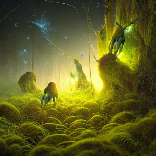 Prompt: a beautiful macro photography of moss with alien fungus and fireflies, hyper detailed, warm volumetric lights, made by gerald brom and mike winkelmann, photorealism.