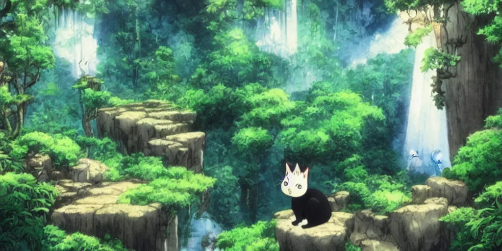 Prompt: ”cartoon cat looking at waterfall in forest, studio ghibli, miyazaki, anime”