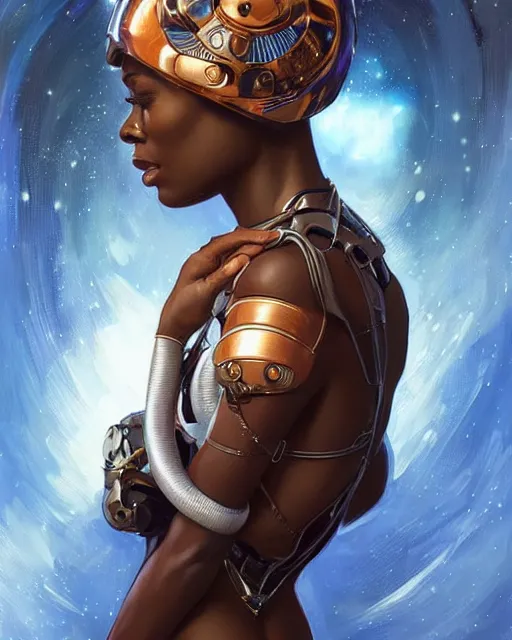 Prompt: Portrait of very very very very very very beautiful african woman, spacesuit, futuristic cybernetic helmet, blue eyes, real life skin, intricate, elegant, highly detailed, artstation, concept art, smooth, sharp focus, art by artgerm and greg rutkowski and alphonse mucha