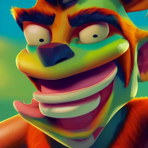 Image similar to upclose portrait of crash bandicoot making a crazy face, digital art, light pastel colors, by hirohiko araki, very detailed picture with lots of emotion, trending on artstation, high fidelity, 8 k, has a very realistic look to it, hyper realism