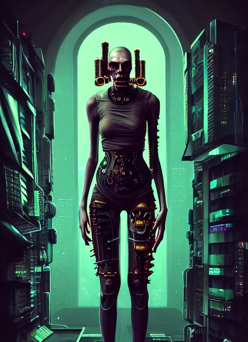 Image similar to soft lustrous full body dark biotech raver gutter punk cyberpunk cyborg bioweapon, golden ratio, details, sci - fi, dark fantasy, horrorpunk, cyberpunk, intricate, decadent, highly detailed, digital painting, octane render, artstation, concept art, smooth, sharp focus, illustration, art by artgerm, loish, wlop