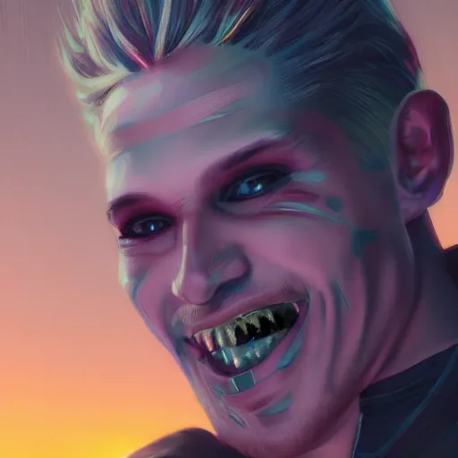 Image similar to cyberpunk, closeup portrait of a cyberpunk entertainer, hologram, blond hair, grey eyes, sadistic smile, delicate jaw, dramatic light, city background, sunset, dystopian setting, high contrast, sharp, neuromancer, peter riviera, painted by stanley lau, painted by greg rutkowski, painted by stanley artgerm, digital art, trending on artstation