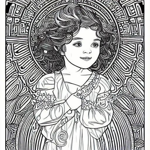 Image similar to clean simple line art of a little girl with wavy curly hair. no background. well composed, clean coloring book page, beautiful detailed face. coloring book line art by greg rutkowski and johanna basford and alphonse mucha