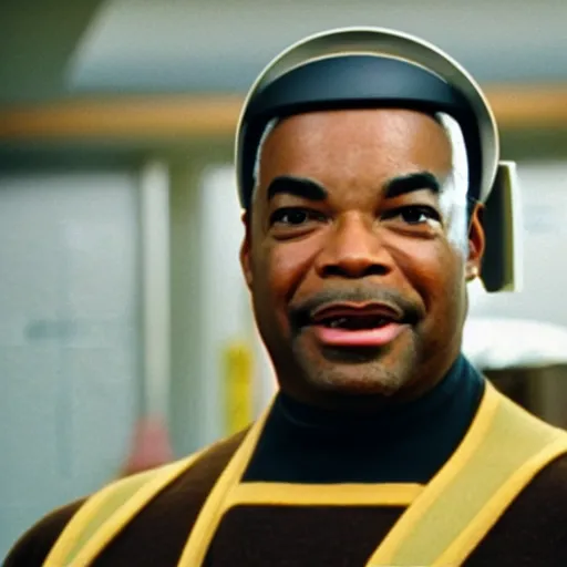 Image similar to Geordi LaForge wearing visor and a colander and random kitchen tools on his head