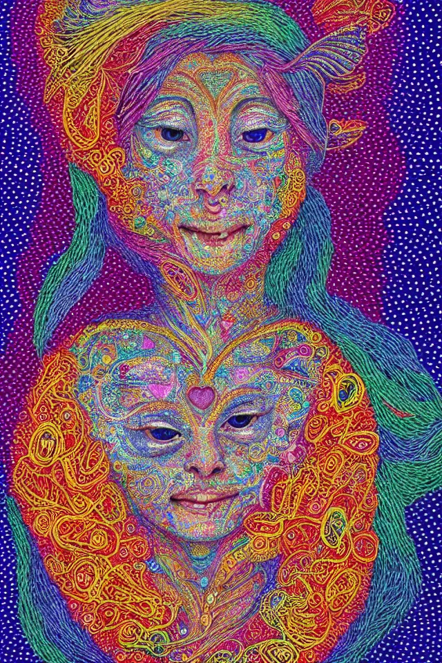 Image similar to a happy beautiful wise spirit goddess in the shape of a heart, meditation, 3 2 k resolution, good vibes, perfect lighting, billions of details, made out of small cubes of love, pointillism, fabric embroidery, stunning artwork, android jones, chris dyer, alex grey, trending on artstation, award winner