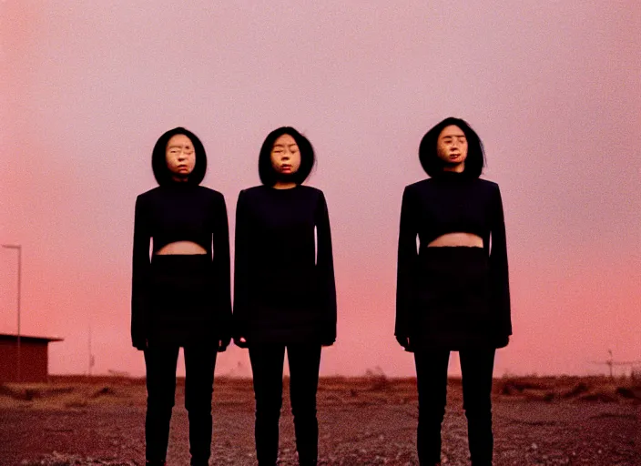 Image similar to cinestill 5 0 d closeup photographic portrait of two clones in front of a brutalist metal building, techwear women, on a desolate plain with a red sky, black oversized clothes, depth of field, 4 k, 8 k, hd, full color