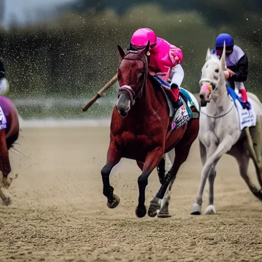 Image similar to A horse race but with unicorns, sports photography