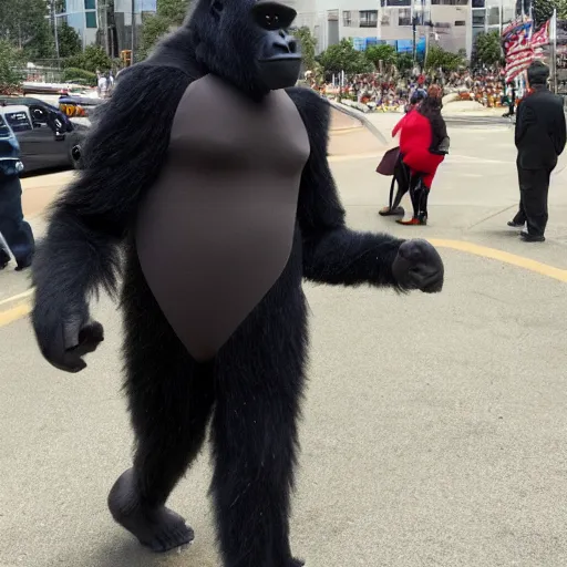 Prompt: bernie sanders wearing a gorilla costume