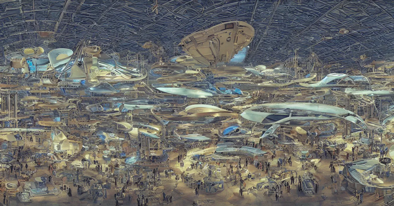 Image similar to Interior of the hall in area 55, full of alien military equipment, engineers working on flying saucers, high detail, wide perspective, saturated colors, by Feng Zhu