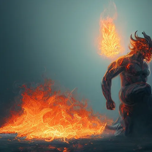 Image similar to a person kneeling before a gigantic god - like figure wrapped in smoke and flames. feature on artstation. digital art.