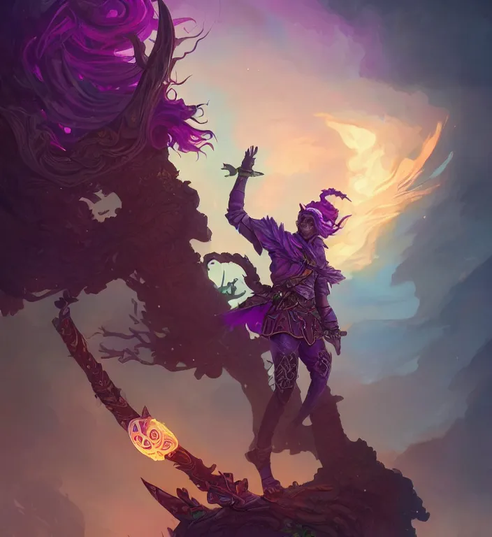 Image similar to a majestic elf warrior + purple hair + backlit, strong rim light, highly detailed, digital painting, by Alvaro Castagnet + Peter Mohrbacher + Dan Mumford + vivid colors + high contrast, 8k resolution, intricate, photorealistic, smooth