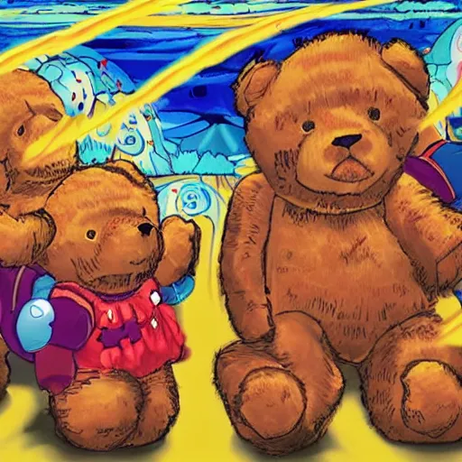 Prompt: a lot of teddy bears fights in epic battle, background a nuclear toxic multi - colored explosion in big town, psychedelic