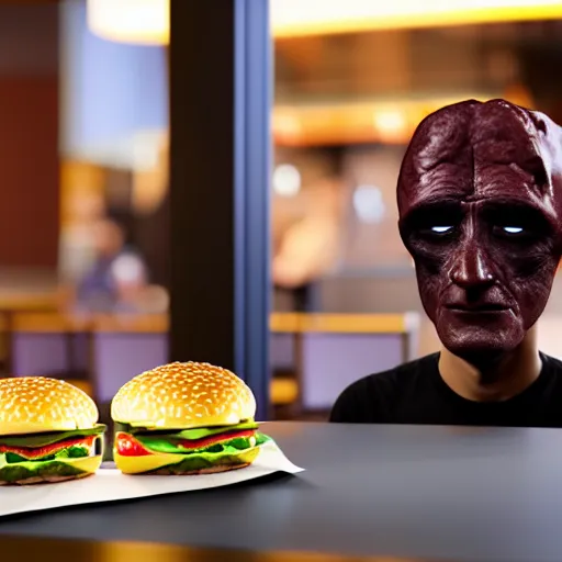 Image similar to photograph of a man with a steak head begging for food at mc donalds, 8k resolution, high detail, ULTRA REALISTIC VFX, reflections