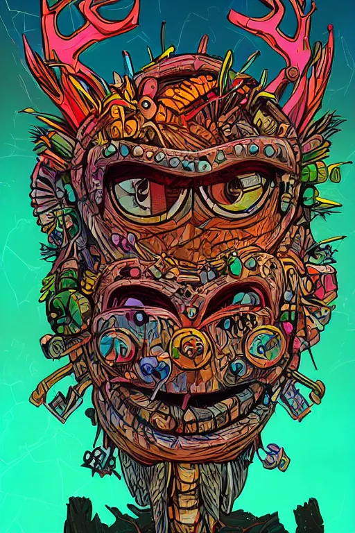 Image similar to totem animal tribal chaman vodoo mask feather gemstone plant wood rock video game illustration vivid color borderlands by josan gonzales and dan mumford radiating a glowing aura