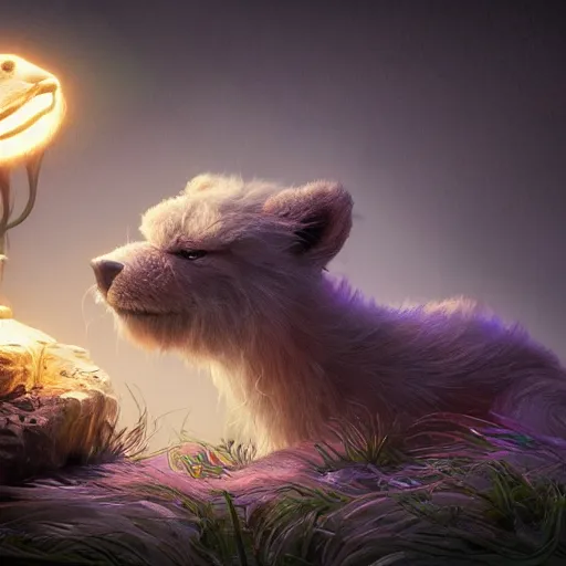 Prompt: bioluminescent cute furry beast on a dreamy biome of oddities, enchanted, magical, fantasy, hyper realism, intricate, digital art, detailed, studio shot, unreal engine 5, octane, high definition, smooth, artstation, behance