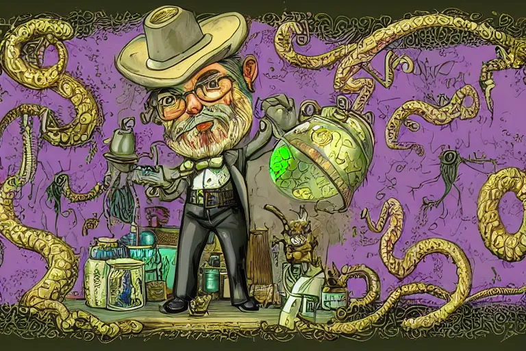 Prompt: Uncle Aloysius, snake oil salesman, wild west crypto pharmaceutical industrialist apothecary alchemist tinkerer engineer, cute, fantasy, intricate, elegant, highly detailed, digital painting, 4k, HDR, concept art, smooth, sharp focus, illustration, purple green color scheme, art by Ed Roth and H R Giger and Greg Rutowski and Lisa Frank