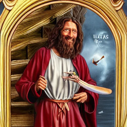 Image similar to a detailed fantasy character painting of Bill gates holding a giant cricket, dressed like Jesus Christ, by lauri blank, artgerm, evelyn de morgan, 8K, 50mm lens