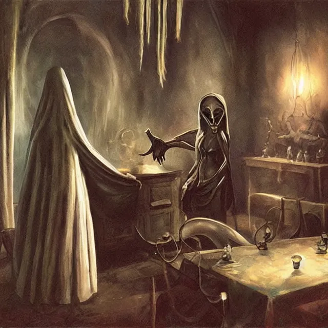 Image similar to a strange creature greeting a female explorer in a dining room, haunted house, rhads!!!, magical realism, urban fantasy, a hooded figure, a fierce woman, ( h. r. giger )