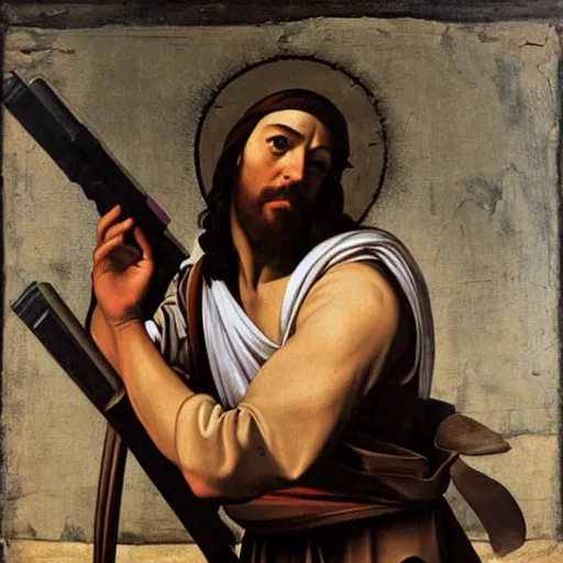 Prompt: Jesus Christ as Rambo a rocket launcher ,Caravaggio