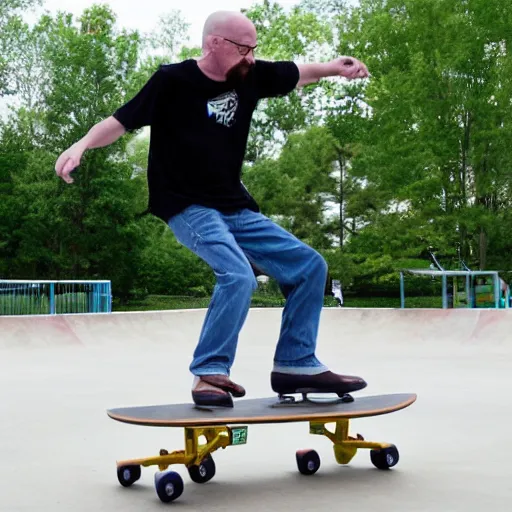 Image similar to Walter White doing skate tricks at the park